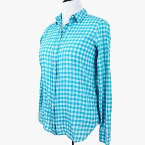 J Crew Size 6 Gingham Check Button Down Boy Shirt White Turquoise